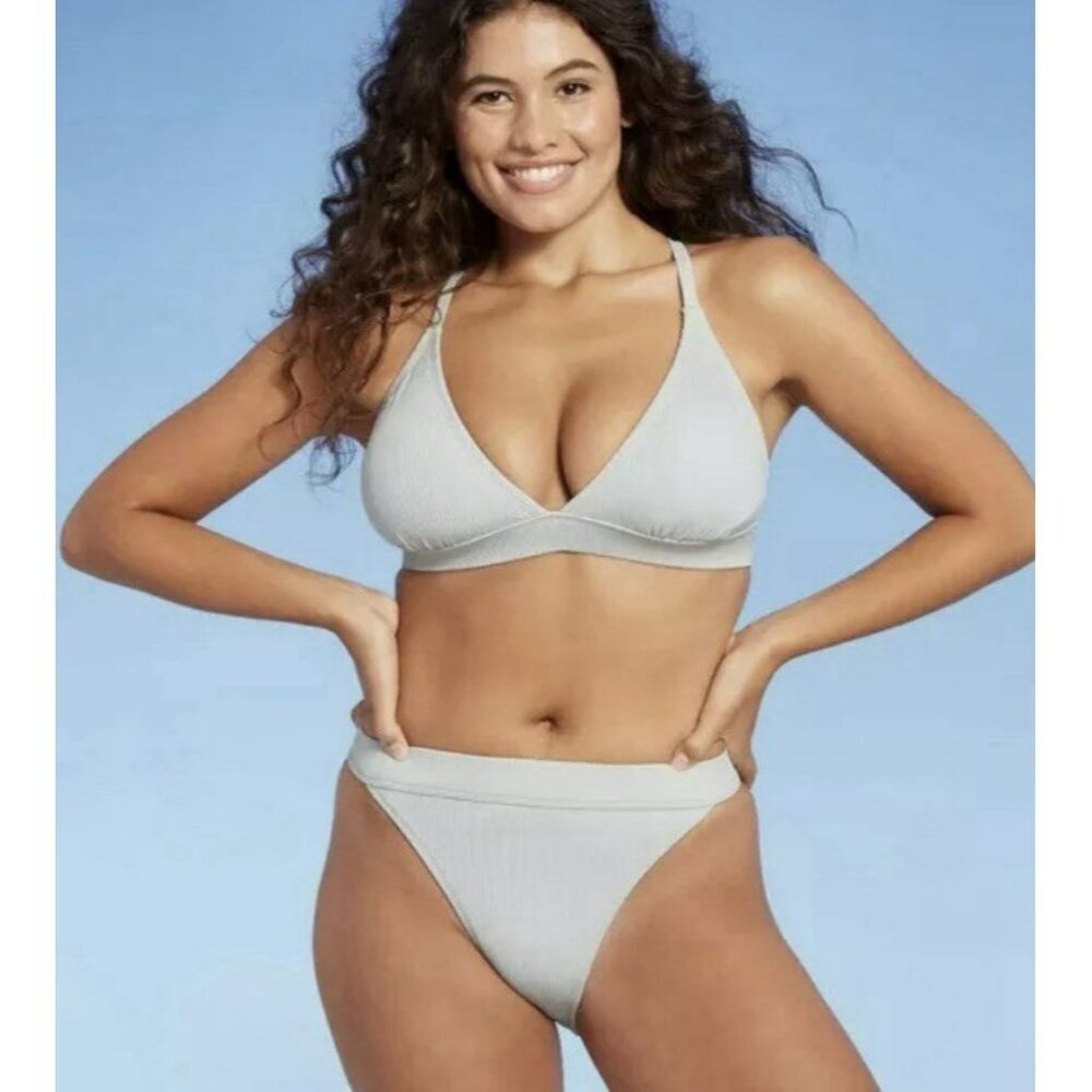 Xhilaration Women’s Size M Bikini Top & Bottom Silver‎ Grey Ribbed Triangle NWT